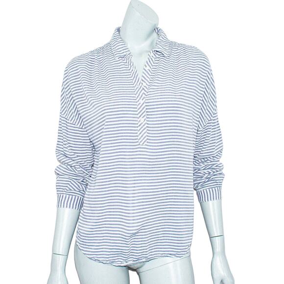 XIRENA Women's Half Button Popover Blouse Blue Striped sz Large - Picture 3 of 8